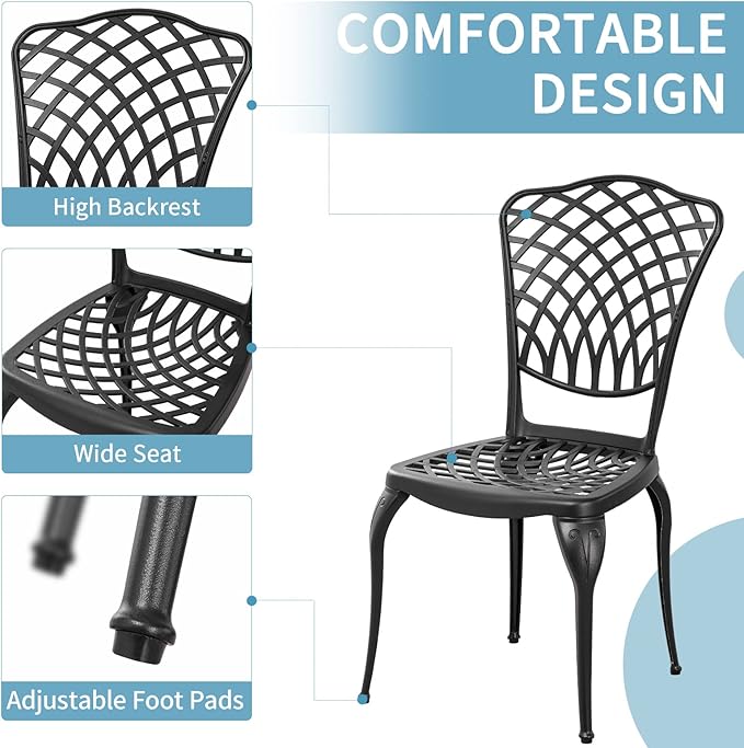 3 Piece Bistro Table Set Anti-Rust Outdoor Bistro Set Cast Alumiunm Patio Table and Chairs Set for 2, Patio Bistro Set Furniture Black - LeafyLoom