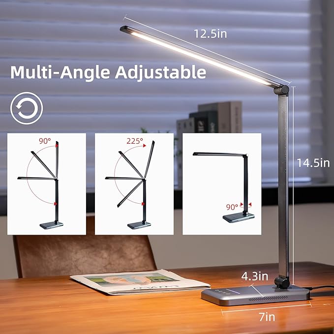 LED Desk Lamp, 5 Levels Dimmable Table Lamp Reading Lamp with USB Charging Port, 5 Lighting Modes, 30 Minutes Auto-Off Timer, Study Lamp, Eye-Caring Office Lamp with Night Light - LeafyLoom