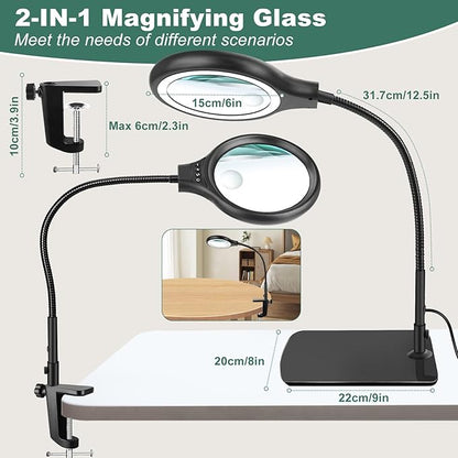 NZQXJXZ Large 2-in-1 Magnifying Glass with 72 LEDs Light and Stand 20X 10X Magnifying Lamp with Large Base and Clamp, 3 Color Modes and 10 Stepless Dimmable, Hands Free Desk Magnifier for Close Work - LeafyLoom