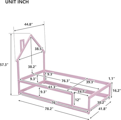 Bellemave Twin Size House-Shaped Headboard Floor Bed with Fences, Wooden Montessori Bed for Kids,House Bed Twin Frame for Girls,Boys (Pink) - LeafyLoom