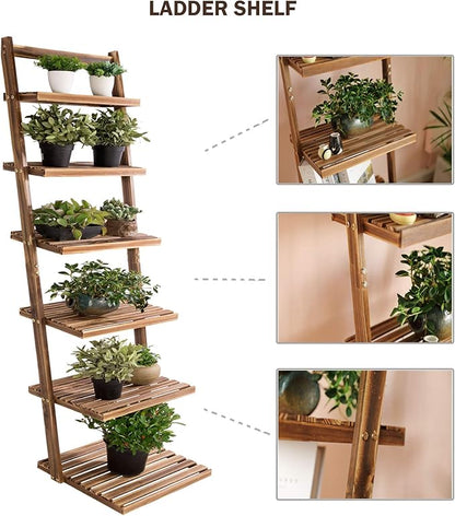 HYNAWIN 6 tier bookshelf ladder shelf-Large Bamboo Storage Shelves Wall Leaning Shelf for Garage, Kitchen, Office,Corner Display Bookcase - LeafyLoom