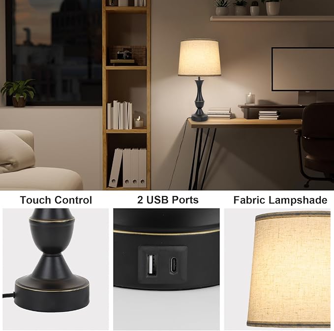 Touch Lamps for Bedrooms Set of 2, Farmhouse Table Lamp with USB C Charging Port, 3 Way Dimmable Nightstand Lamps with Linen Fabric Lampshade for Bedroom, Living Room (Pack2-Black) - LeafyLoom