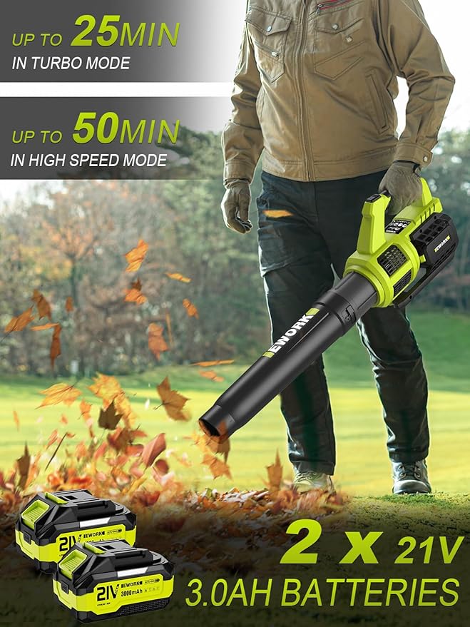 EWORK Cordless Leaf Blower with (2) 3.0Ah Battery and Fast Charger - 400CFM 21V Electric Leaf Blower Cordless, Variable Speed and Turbo Mode - Battery Powered Leaf Blowers for Lawn Care, Yard - LeafyLoom