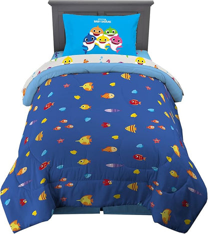 Franco Kids Bedding Super Soft Comforter and Sheet Set, 4 Piece Twin Size, Baby Shark - LeafyLoom