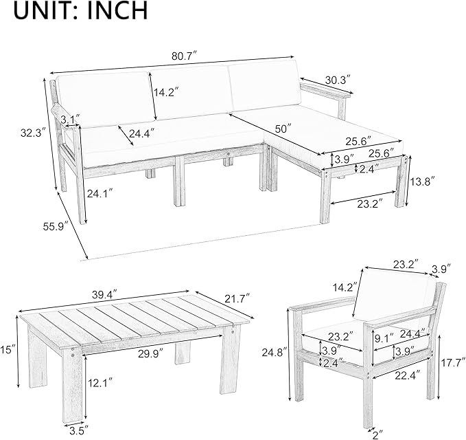 Outdoor Patio Furniture Set with Acacia Wood L-shaped Sectional Sofa, Armchair and A Small Table, 4-Piece for Gardens Backyards Balconies, Onesize, Beige Cushions - LeafyLoom