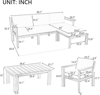 Outdoor Patio Furniture Set with Acacia Wood L-shaped Sectional Sofa, Armchair and A Small Table, 4-Piece for Gardens Backyards Balconies, Onesize, Beige Cushions - LeafyLoom