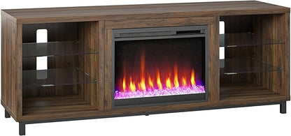 Ameriwood Home Lumina Fireplace TV Stand for TVs up to 70 Inch, Replaceable Electric Fireplace Insert Heater, Remote Control, Timer, Color Changing LED Lights, Crystal Ember Flames, Walnut - LeafyLoom