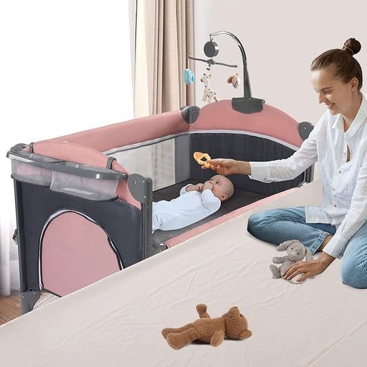 5 in 1 Baby Crib, Bedside Cribs, Pack and Play with Bassinet and Changing Table, Portable Travel Baby Playpen with Toys & Music Box,Mattress for Girl Boy Infant Newborn (Pink) - LeafyLoom