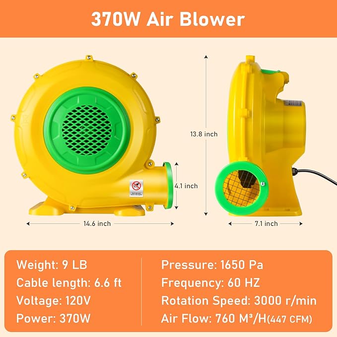 370W 0.5HP Air Blower: Bounce House Blower - Commercial Electric Blower for Inflatables - Work for Bouncy Castle Jump Slides Water slides Inflatable Arch - LeafyLoom