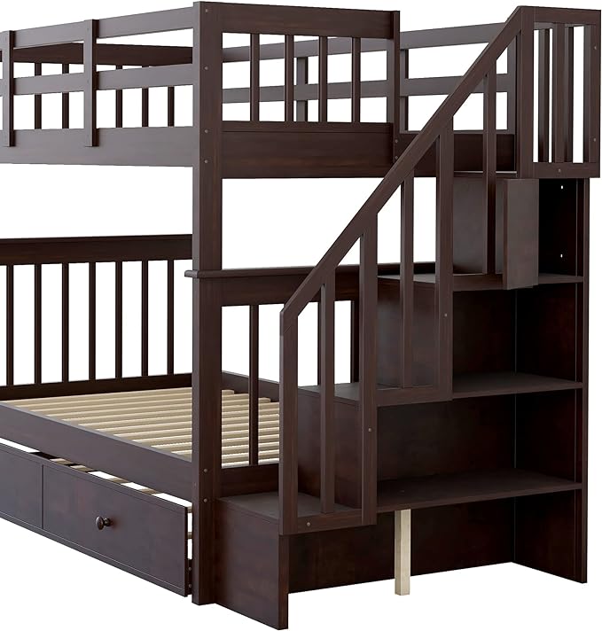 Bunk Bed with Stairs Storage, Twin Over Twin Size, Wooden Stairway Bunkbeds w/Trundle, for Kids Teens Bedroom, Detachable into Two Bedframe, Espresso - LeafyLoom