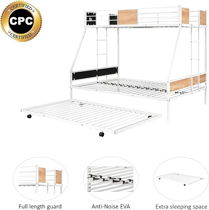 Twin over Full Bunk Bed with Trundle,Heavy-duty Sturdy Metal,Noise Reduced,Safety Guardrail,Wooden Decoration,Convenient-Trundle,Bunk-Bed for Three,CPC Certified,No Box Spring Needed,White - LeafyLoom