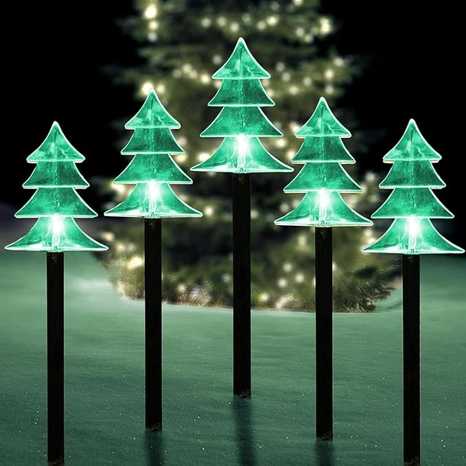 ILLUMINEW Christmas Solar Pathway Lights, Set of 5 Waterproof Landscape Christmas Lights, Stake Christmas Decorations, LED Lights for Yard Lawn Patio Walkway Decor (5PCS-Green-Tree) ILLUMINEW