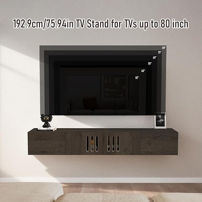 Pmnianhua Floating TV Stand,76'' Wall Mounted TV Cabinet, Mid Century TV Bench Under TV Entertainment Center Shelf TV Console Table with 4 Cabinets for Living Room Bedroom (Dark Grey) - LeafyLoom