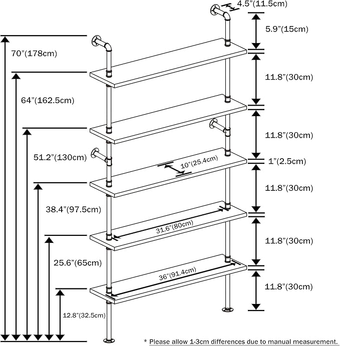 Ladder Pipe Shelves, Wall Mounted Industrial Shelves for Living Room Storage (White, 5 Tier - 10" D x 36" W x 70" H) - LeafyLoom