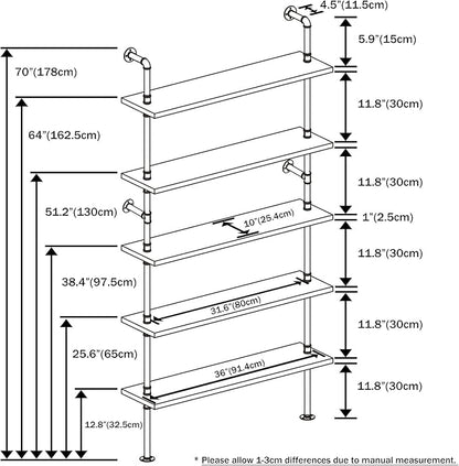 Ladder Pipe Shelves, Wall Mounted Industrial Shelves for Living Room Storage (White, 5 Tier - 10" D x 36" W x 70" H) - LeafyLoom