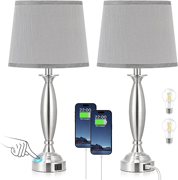 Bedrooms Touch Control Bedside Lamp with USB C+A, 3 Way Dimmable Nightstand Lamps with USB Port, Brushed Nickel Table Lamp for Living Room Guest Room Bed Side End Table, Set of 2 - LeafyLoom