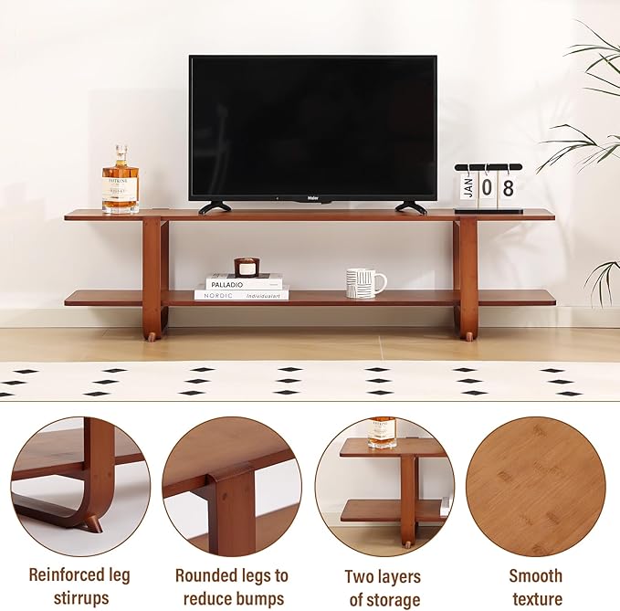 Tiita TV Stand with Storage for TVs up to 65'', Bamboo TV Console Entertainment Center with 2 Open Shelf, Mid Century Modern Media Console for Living Room, Bedroom, Walnut - LeafyLoom