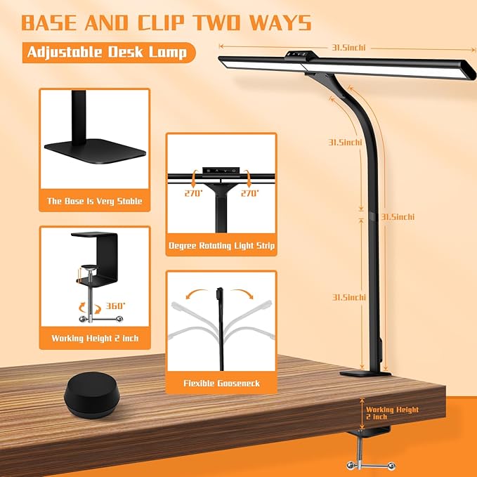 LED Desk Lamp, Office Architectural Desk Lamp, 31.5'' Large Size Office Lighting, 24W 5-Colour LED Computer Monitor Gooseneck Smart Lamp with Holder for Studying, Creating and Reading - LeafyLoom