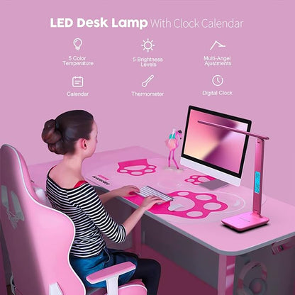 poukaran Desk Lamp, LED Desk Lamp with Wireless Charger, USB Charging Port, Table Lamp with Clock, Alarm, Date, Temperature, Office Lamp, Desk Lamps for Home Office, Pink - LeafyLoom