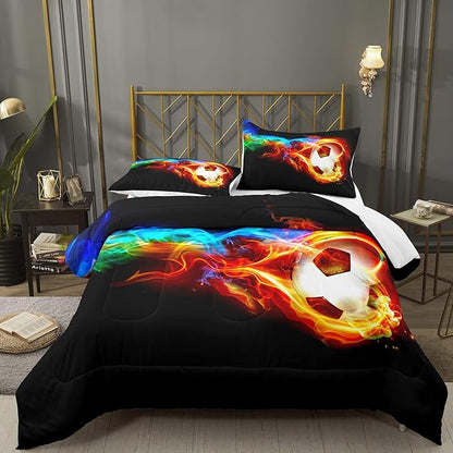 Bodhi Boys Comforter Set Full,Soccer Comforter Set Full Size,Fire Sports Comforter Set for Boys,Teen Football Bedding Set with Matching Pillowcases,Kids Bedding Set Full - LeafyLoom