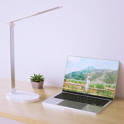 Clearance LED Desk Lamp with USB Charging Port, Birght Desk Light for Home Office, Computer, Work Desktop, Table Lamp with Night Light, Timer, 5 Modes Reading Lamp, Touch Dimmable, Adjustable, Sliver - LeafyLoom