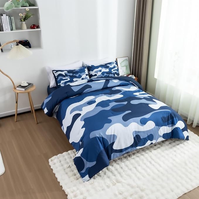 Meeting Story Camouflage Bedding Set, Colorful Pattern Style Comforter Set, 5 PCS One Comforter Two Pillowcases Two Sheets in One Bag, All Season Bedspread for Teens Adults (Navy,Twin 5Pcs) - LeafyLoom