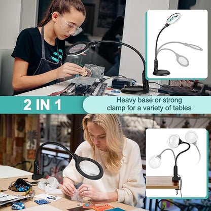 8X Magnifying Glass with Light and Clamp, 5 Color Modes Stepless Dimmable Lighted Magnifier with Stand, Flexible Gooseneck LED Desk Lamp Hands Free for Craft Reading Painting Hobby Close Work - LeafyLoom