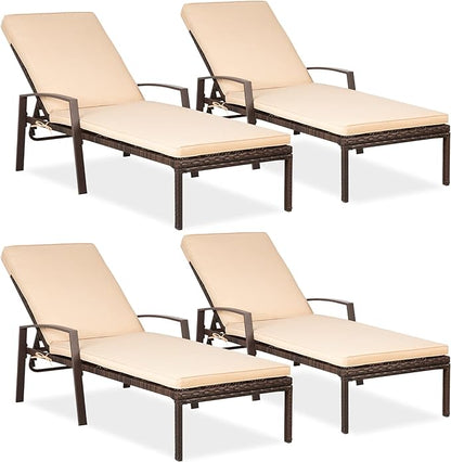 Pamapic 4 Pieces Patio Lounge Chair Set, Patio Chaise Lounges with Thickened Cushion, PE Rattan Steel Frame Pool Lounge Chair Set for Patio Backyard Porch Garden Poolside (Beige) - LeafyLoom