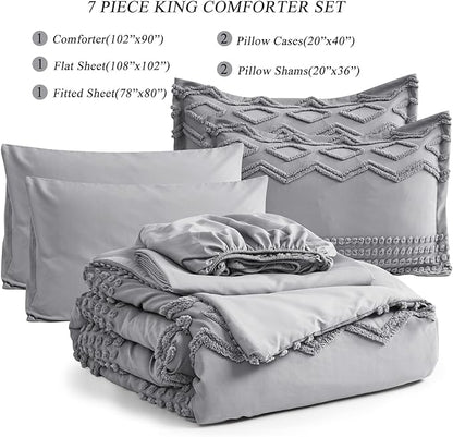 KAKIJUMN Grey Tufted Comforter Set King Size 7 Piece Bed in a Bag, Shabby Chic Boho Comforter and Sheet Set, Pom Pom Textured Bed Set, All Season Soft Microfiber Complete Bedding Set(Grey,King) - LeafyLoom