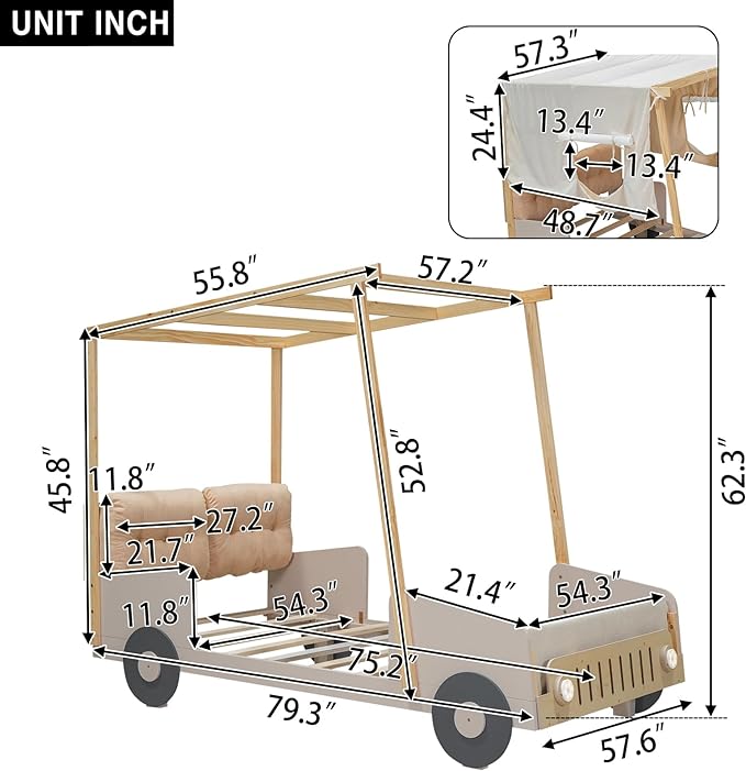 Full Size Race Car Bed Platform Bed with Pillow,Ceiling Cloth and LED Light,Wood Bed Frame W/Magazine Storage Rack,for Kids Boys Girls Teens,Natural - LeafyLoom