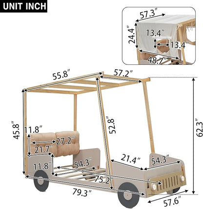 Full Size Race Car Bed Platform Bed with Pillow,Ceiling Cloth and LED Light,Wood Bed Frame W/Magazine Storage Rack,for Kids Boys Girls Teens,Natural - LeafyLoom