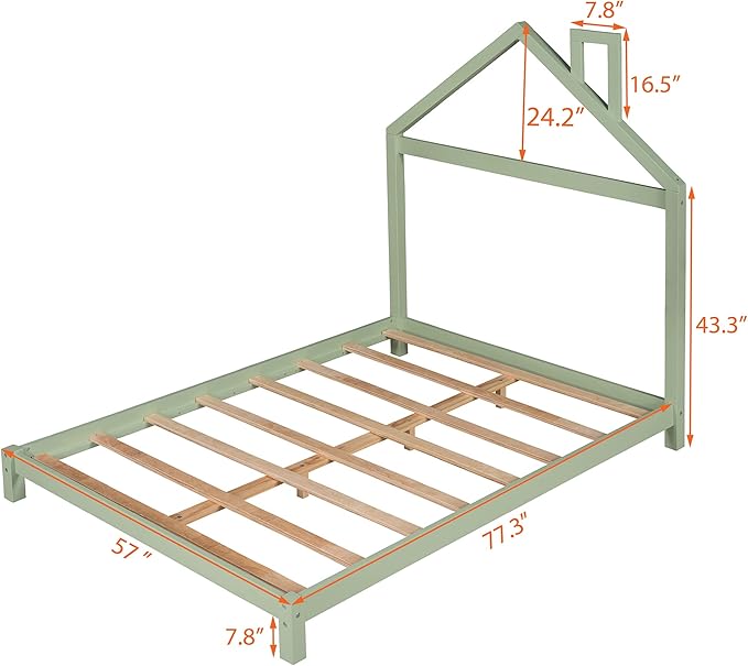 Jintop Full Size Wood Platform Chimney and House-Shaped Headboard,Bedroom Furniture Bed Frame W/ 10 Slat Support,Easy to Install,for Teens Kids Girls Boys,Green - LeafyLoom