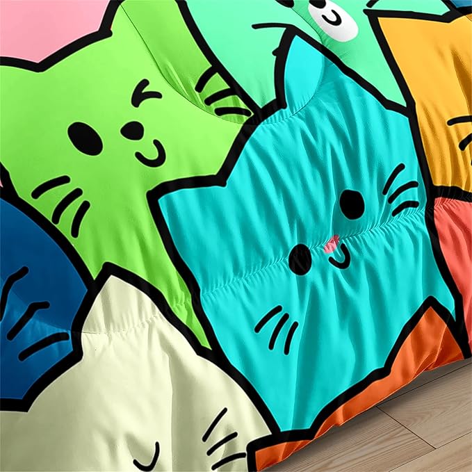 Cat Bedding Set Full Size - 3 Piece Cartoon Cat Comforter Set for Girls Boys Kids Bedroom Colorful Animals Print Home Bedding Decor for All Season Soft Warm 1 Cat Quilt Cover with 2 Pillowcases - LeafyLoom