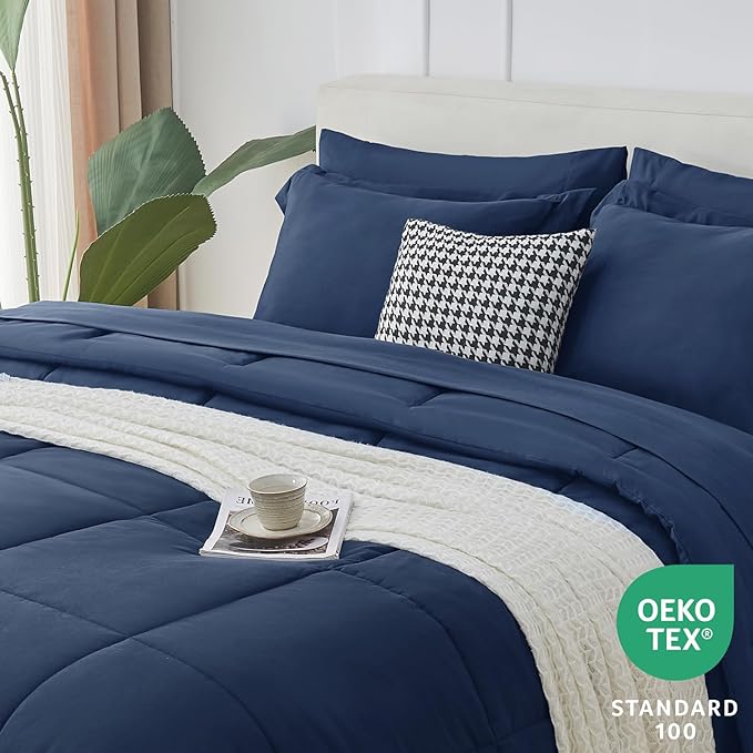 CozyLux Full Size Comforter Sets - 7 Pieces Bed in a Bag Set Navy Blue Full, Complete Bedding Sets Bed Set for All Season with Comforter, Flat Sheets, Fitted Sheet, Pillowcases & Shams - LeafyLoom