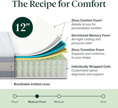 Zinus 12 Inch Cooling Comfort Support Hybrid Mattress [New Version], Queen, Fiberglass free, Medium Plush, Cooling Motion Isolation, Certified Safe Foams & Fabric, Mattress in A Box - LeafyLoom