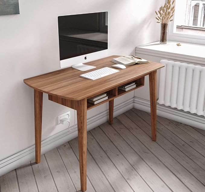 Modern Design By Crafts & comfort Monza Computer Desk, Mid Century Desk with Recessed Drawers, Writing Desk for Small Area - Walnut/Walnut - LeafyLoom