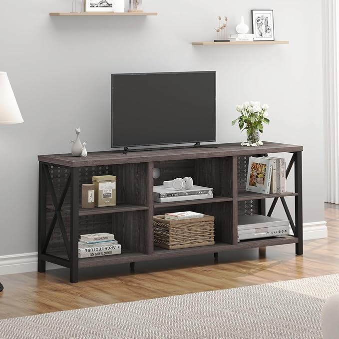 LVB TV Stand for 70 Inch TV, Rustic Industrial Entertainment Center, Large Television Stands for Living Bedroom, Long Wood Metal TV Table Stand with Media Console Cabinet Storage, Dark Gray Oak, 59 IN - LeafyLoom