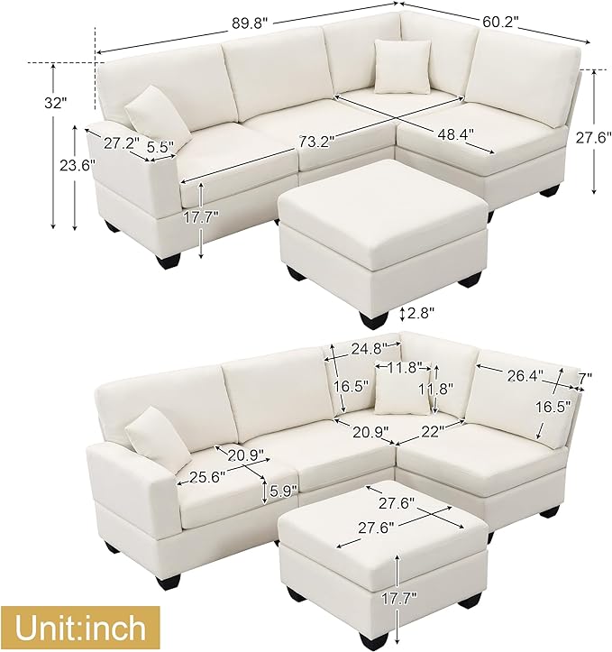 89.8" Modern Sectional Sofa with Convertible Ottoman and 2 Pillows,L-Shape Linen Fabric Corner Couch 5 Set W/Back & Cushion,can Hold up to 330 Lbs,for Apartment,Living Room,Beige - LeafyLoom