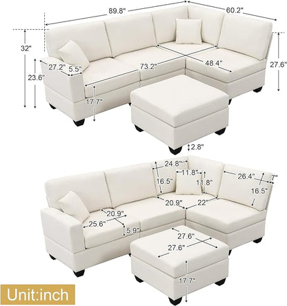 89.8" Modern Sectional Sofa with Convertible Ottoman and 2 Pillows,L-Shape Linen Fabric Corner Couch 5 Set W/Back & Cushion,can Hold up to 330 Lbs,for Apartment,Living Room,Beige - LeafyLoom