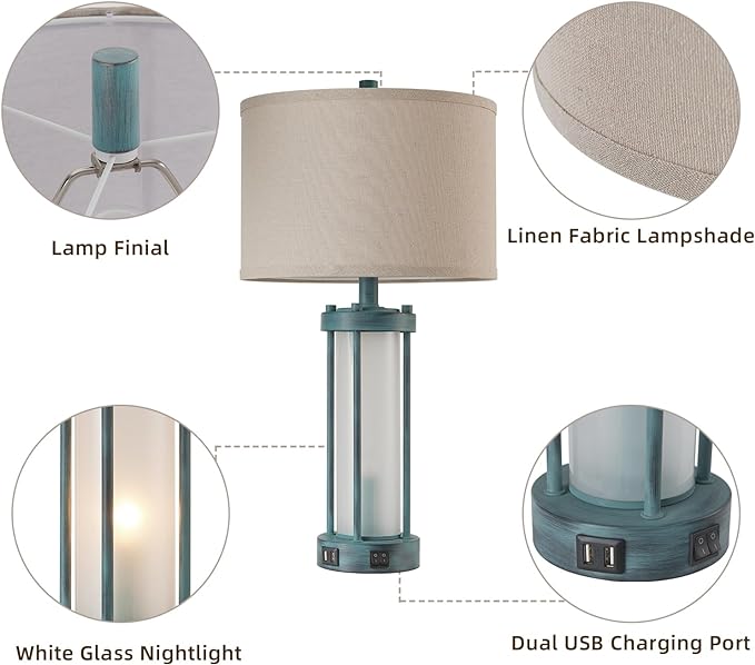 Set of 2 Rustic Table Lamps for Living Room with 2 USB Ports, Farmhouse Vintage Nightstand Lamp with White Glass Nightlight, Retro Desk Lamps for Bedroom End Table (Retro Green) - LeafyLoom