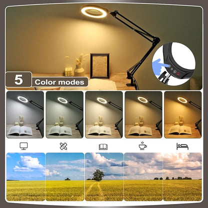 VEEMAGNI 5 Inch Large Magnifying Glass with Light and Stand, 5 Color Modes Stepless Dimmable, Long Swivel Arm LED Clamp Desk Lamp, Hands Free 8X Lighted Magnifier for Close Work Craft Hobby Soldering - LeafyLoom