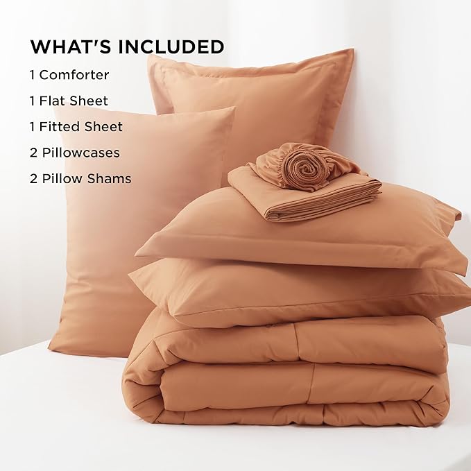 Bedsure Burnt Orange Full Size Comforter Set - 7 Pieces Solid Full Bed in a Bag, Full Bed Set Burnt Orange with Quilted Warm Fluffy Comforters, Sheets, Pillowcases & Shams - LeafyLoom