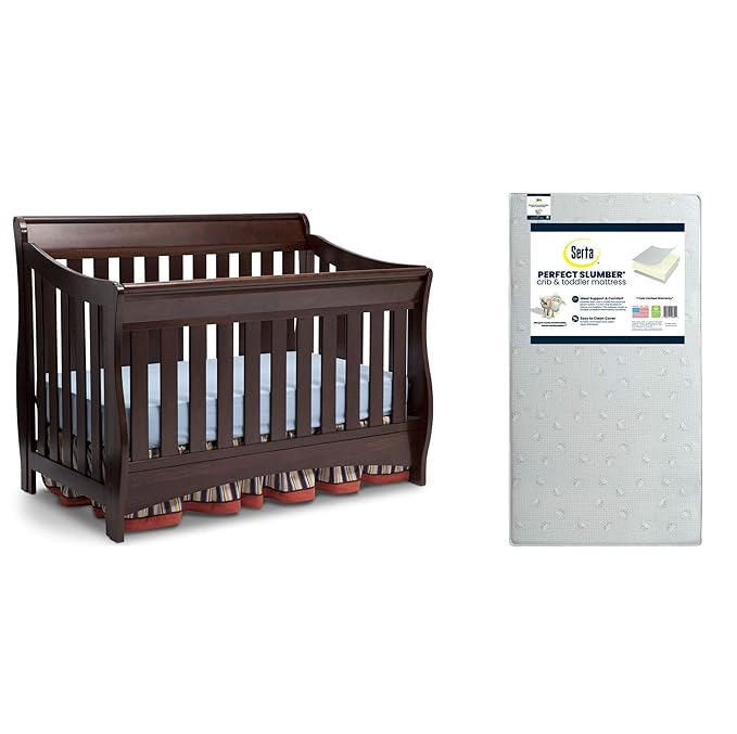 Delta Children Bentley S Series 4-in-1 Crib, Chocolate + Serta Perfect Slumber Dual Sided Recycled Fiber Core Crib and Toddler Mattress (Bundle) - LeafyLoom