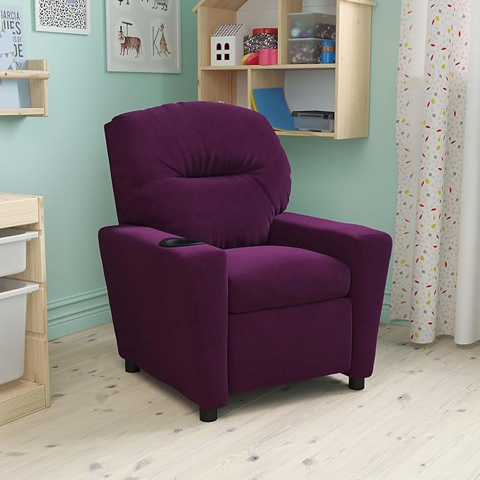 Flash Furniture Chandler Microfiber Kids Recliner with Cup Holder and Safety Recline, Contemporary Reclining Chair for Kids, Supports up to 90 lbs., Purple - LeafyLoom