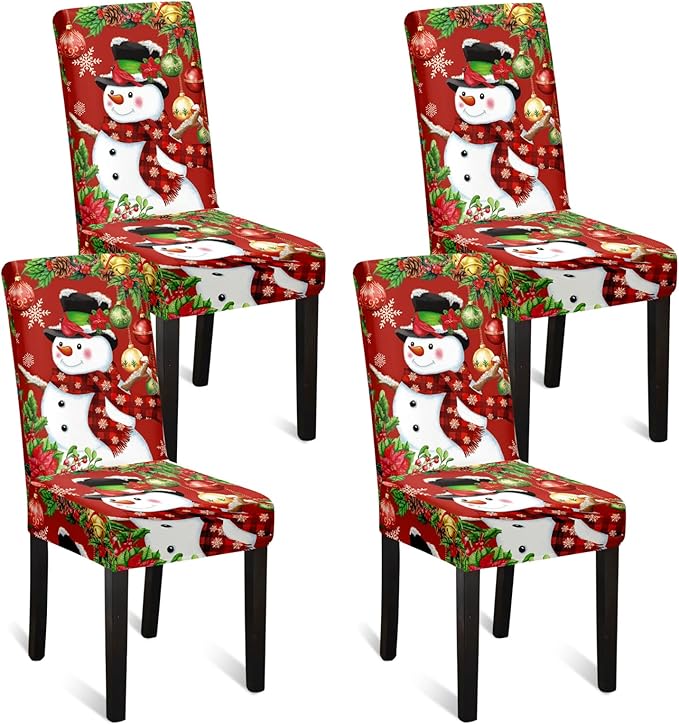 U'Artlines Christmas Chair Covers Set of 4, Removable Washable Merry Christmas Dining Chair Seat Covers Stretch Protector Slipcovers for Dining Room Kitchen Holiday Party Decor, Snowman UArtlines