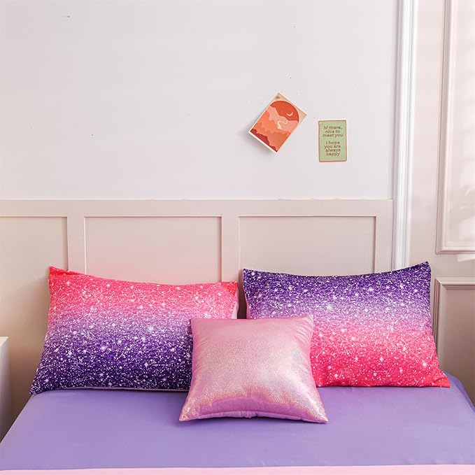 A Nice Night Girls Comforter Set Twin Size 6 Piece Bed in A Bag 3D Colorful Sparkle Galaxy Rainbow Bedding Comforter Sheet Sets for Kids,RedPurple - LeafyLoom