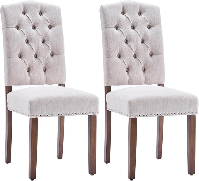 Stylish Upholstered Nailhead Trim and Sturdy Solid Wood Legs Parson Dining Chair, Set of 2, Beige - LeafyLoom