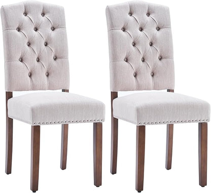 Stylish Upholstered Nailhead Trim and Sturdy Solid Wood Legs Parson Dining Chair, Set of 2, Beige - LeafyLoom