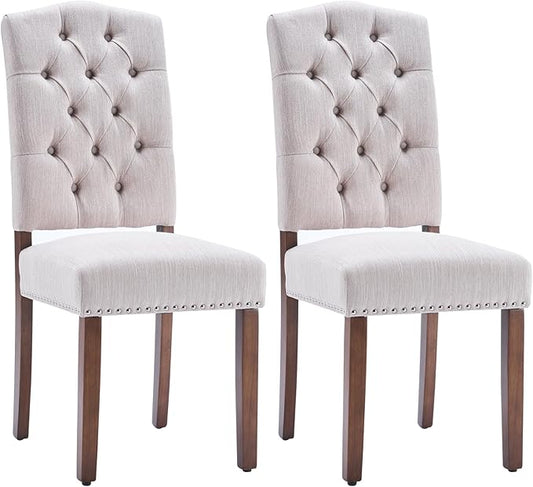 Stylish Upholstered Nailhead Trim and Sturdy Solid Wood Legs Parson Dining Chair, Set of 2, Beige - LeafyLoom