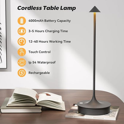 Cordless Table Lamp Rechargeable, Battery Operated Desk Lamp, 4000mAh LED Touch Lamp, Dimmable Portable Outdoor Waterproof Wireless Table Light for Restaurants/Bars/Outdoor(1PC, Gray) - LeafyLoom